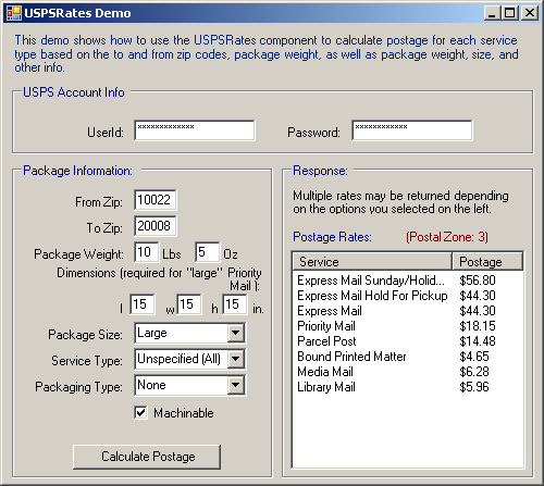 Rates for shipping a 10 lb, 5 oz package from 10022 to 20008