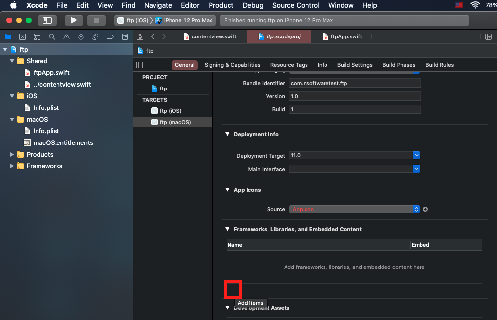 "Image shows how to add the XCFramework to the framework folder, with a button at the bottom of the window to add items highlighted."