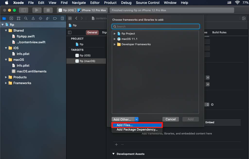 "Image shows a pop out window with the 'Add Other..' button highlighted and the 'Add Files...' menu option selected."