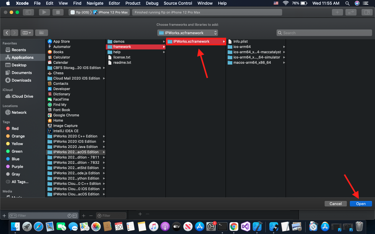 "Image shows the user selecting IPWorks.xcframework with an arrow in the bottom right corner pointing to the open button"