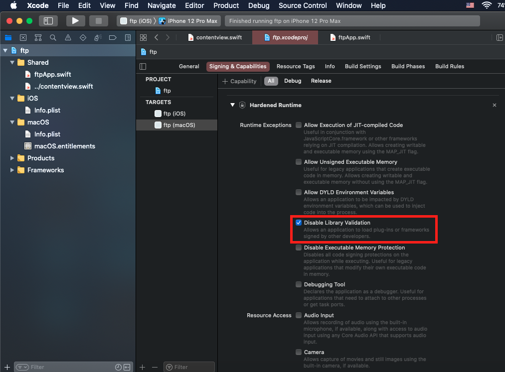 "Image shows Xcode window with the 'Signing & Capabilities' tab selected and the 'Hardened Runtime' header expanded. The checkbox for 'Disable Library Validation' is highlighted and selected."