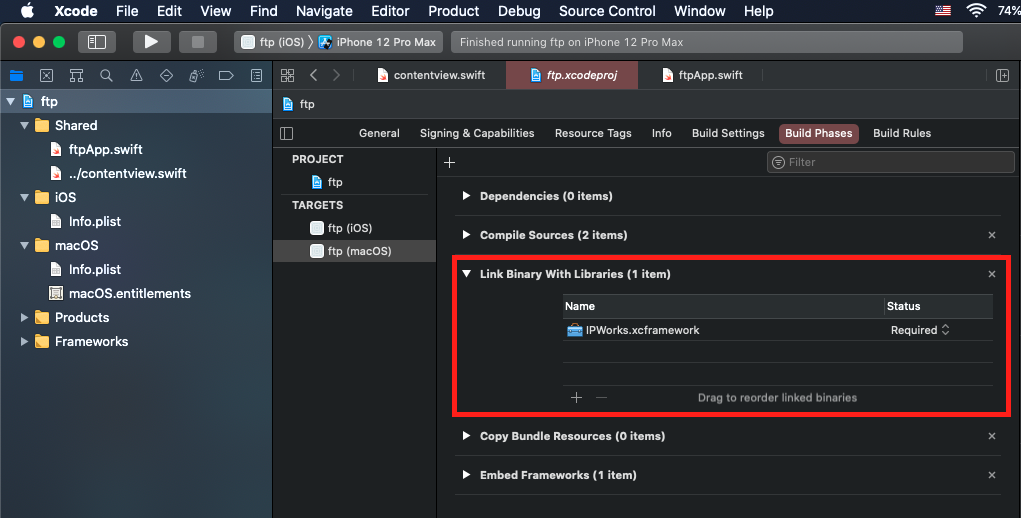 "Image shows an Xcode window with the 'Build Phases' tab opened and the 'Link Binaries' header expanded and highlighted to show that IPWorks.xcframework has been added."