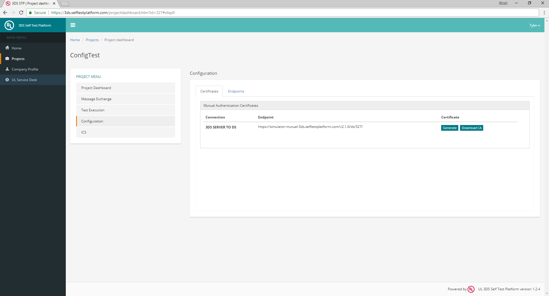 Certificates tab of the Configuration section of UL STP project menu