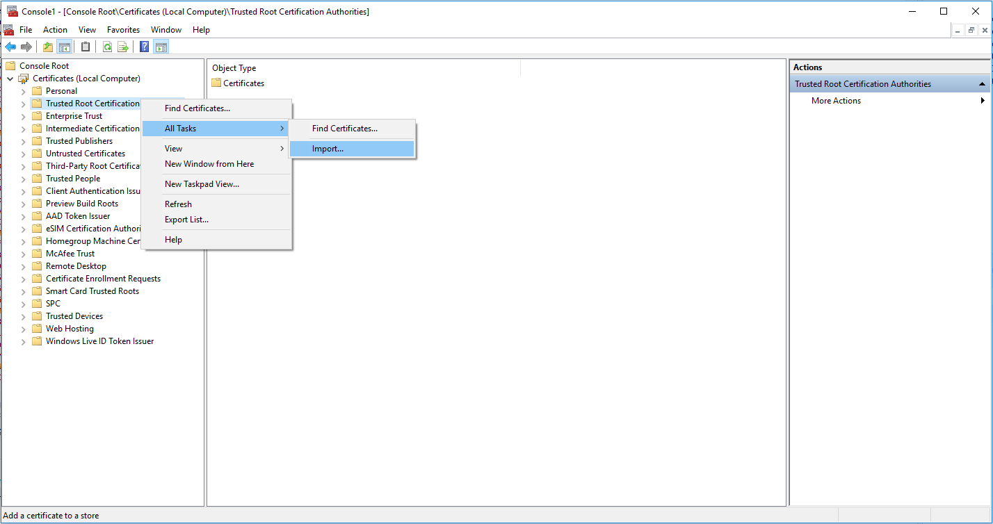 Importing Certificate to Trusted Root Certification Authorities Store in MMC