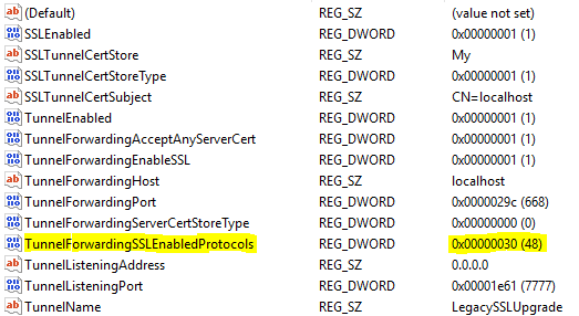 SSL Tunnel Registry Values