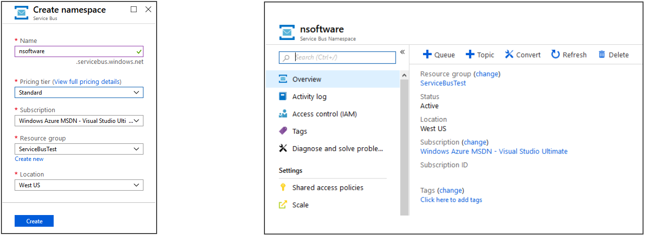 An example of creating a namespace in Azure Portal
