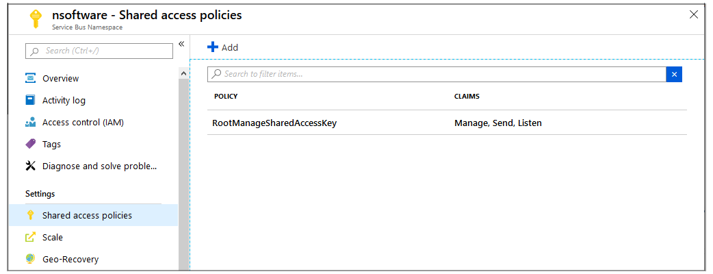 An example of finding RootManageSharedAccessKey in Azure Portal