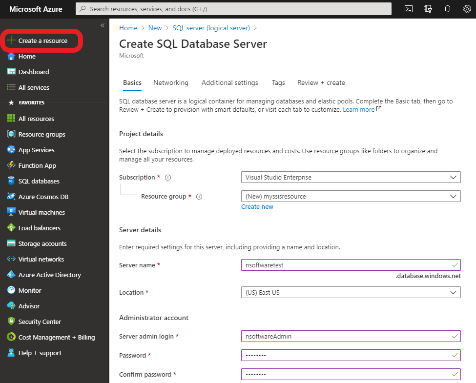 Create Azure SQL Server