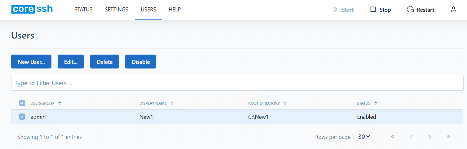 "This image illustrates the status displayed in the Status column after a new user is created."