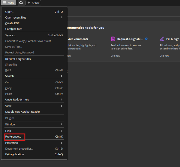 Main menu Preferences