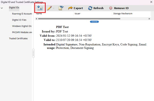 Digital ID and Trusted Certificate Settings dialog