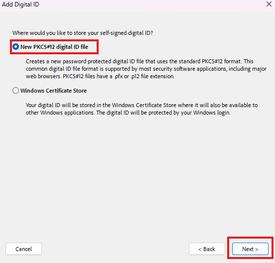 Add Digital ID dialog, new PKCS#12 digital ID file