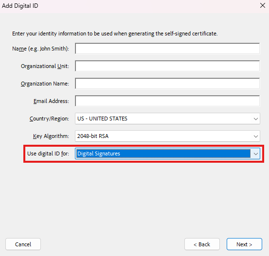 Add Digital ID dialog, Digital Signatures