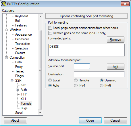 putty tunnel port server forwarding dynamic ssh setting powershell create use xampp hosting network without local using site forwarded