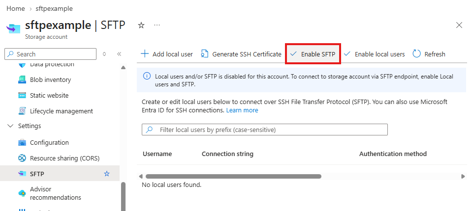 "SFTP page of a storage account with the 'Enable SFTP' button highlighted."