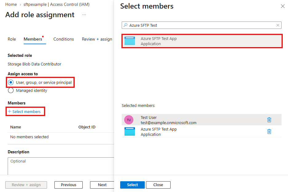 "Members tab of 'Add role assignment' with 'User, group, or service principal' selected and the application chosen in 'Select members'."