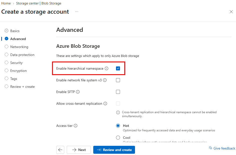 "Advanced tab of 'Create a storage account' with 'Enable hierarchical namespace' checked and highlighted."