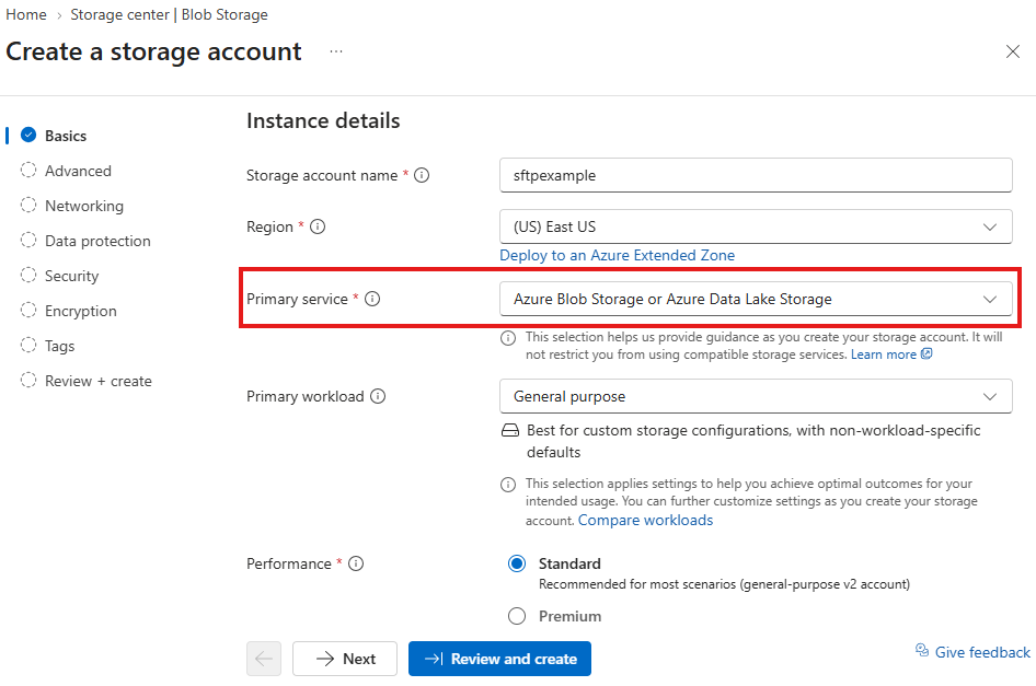 "Basics tab of 'Create a storage account' with 'Primary service' set to 'Azure Blob Storage or Azure Data Lake Storage' highlighted."
